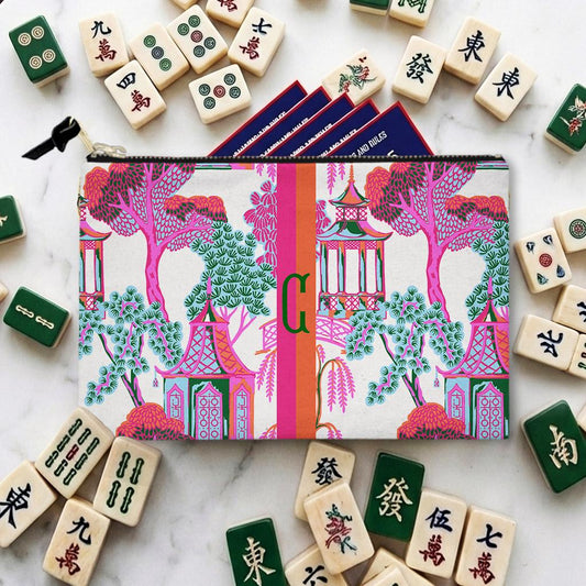 Personalized mahjong card and tile bag set with colorful pagoda and garden print, shown with tiles and cards