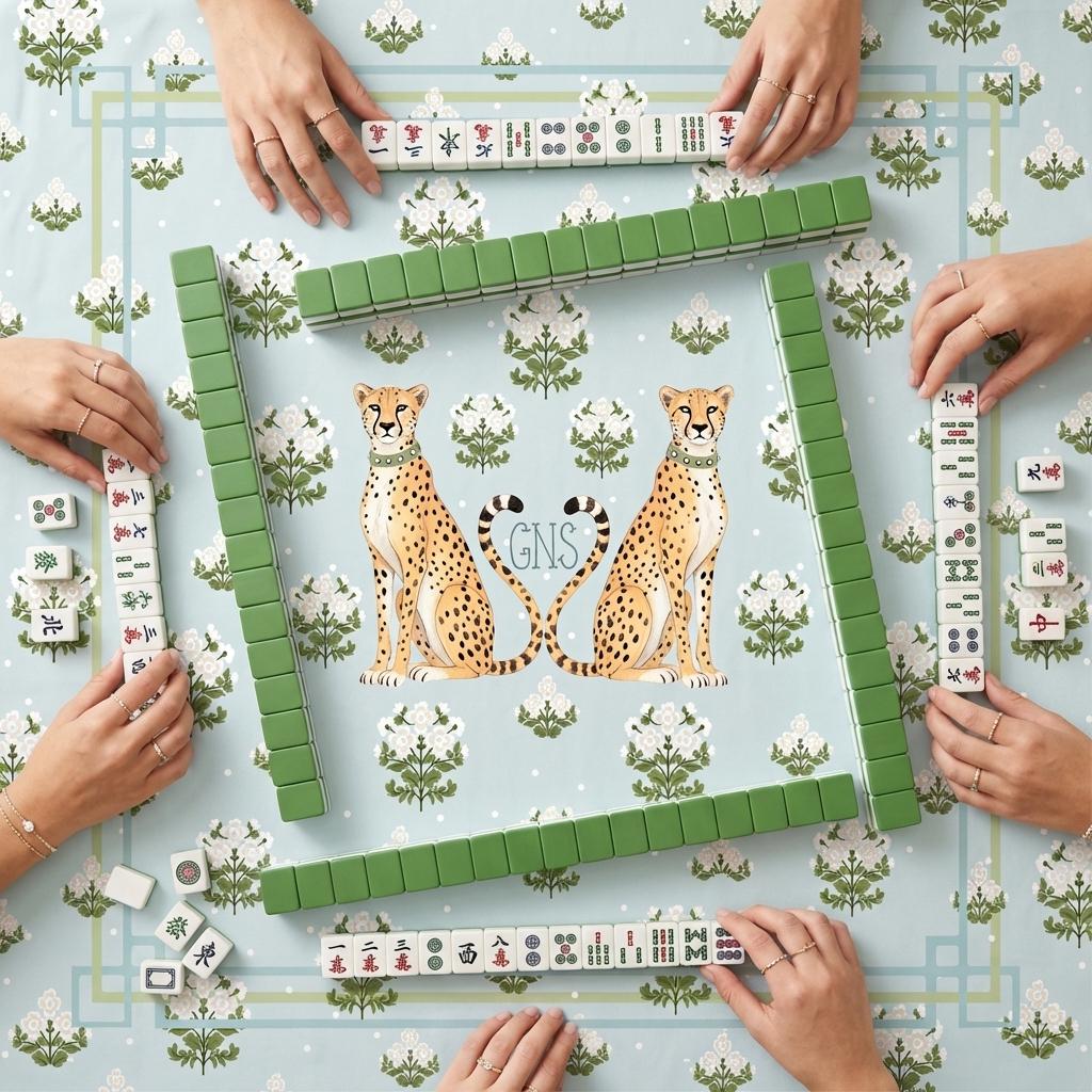 Custom mahjong mat with twin cheetahs, green botanical print, and geometric border