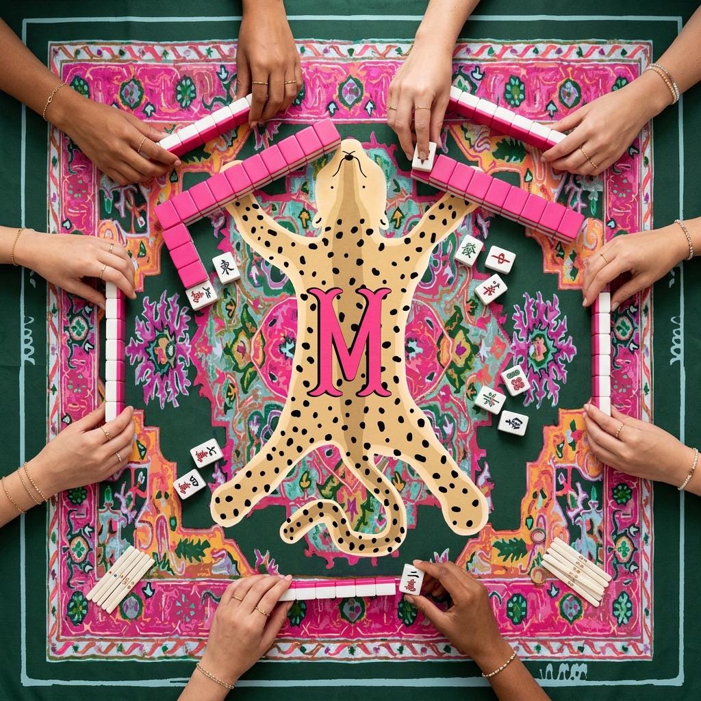 Custom mahjong mat with a pink floral border and a spotted leopard design featuring a pink M