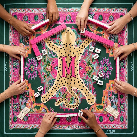 Custom mahjong mat with a pink floral border and a spotted leopard design featuring a pink M