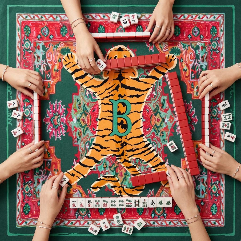 Custom Mahjong mat with an orange tiger graphic, green border, and ornate red pattern