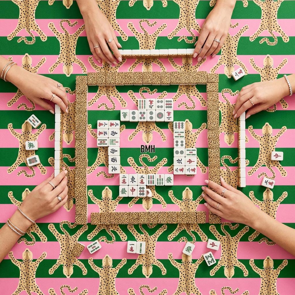 Custom Mahjong mat with green, pink and tan spotted pattern, set with tiles