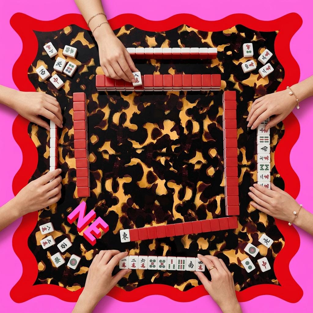 Custom Monroe mahjong mat with black and gold animal print, red scalloped border and pink trim