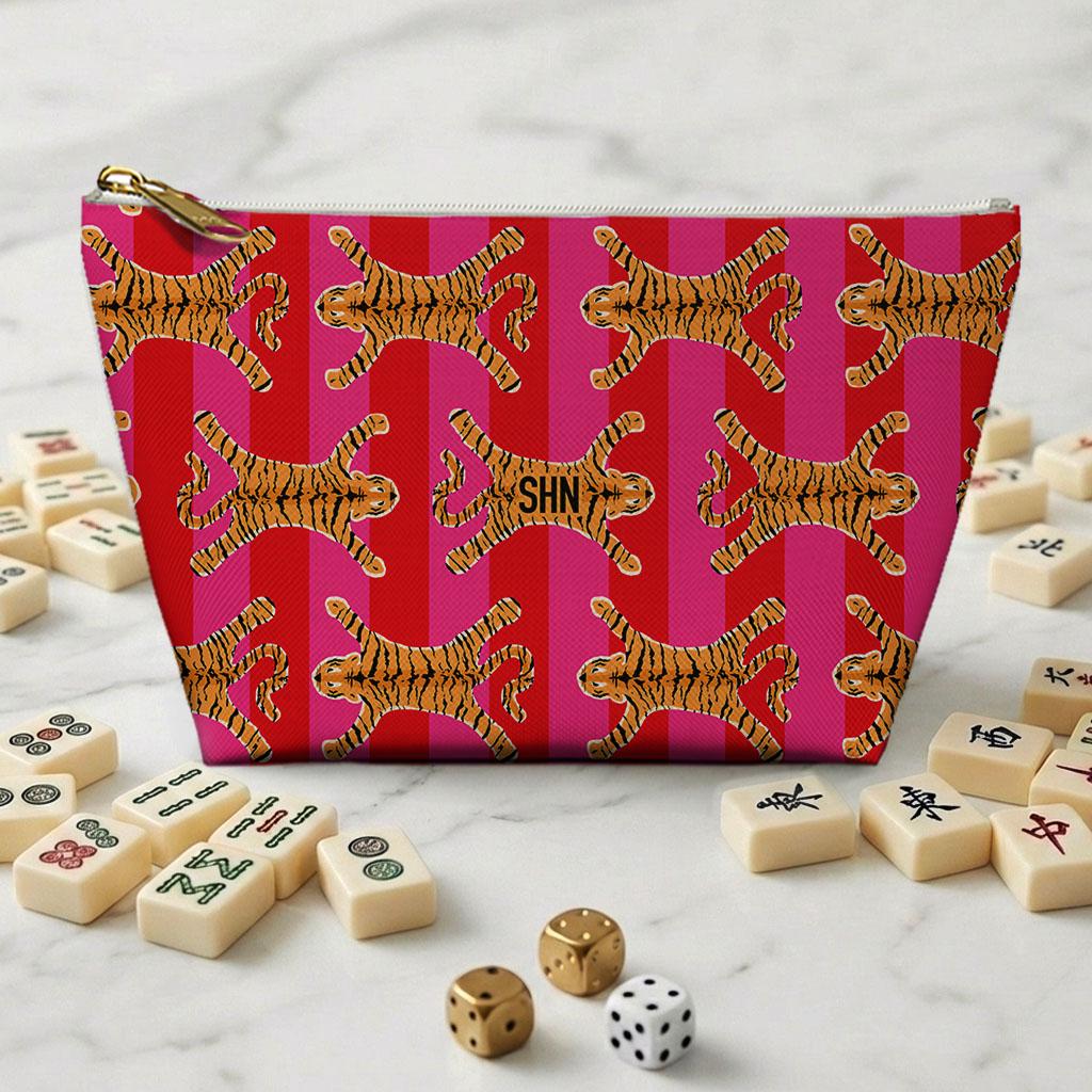 Personalized zippered mahjong bag with red and pink stripes and tiger print