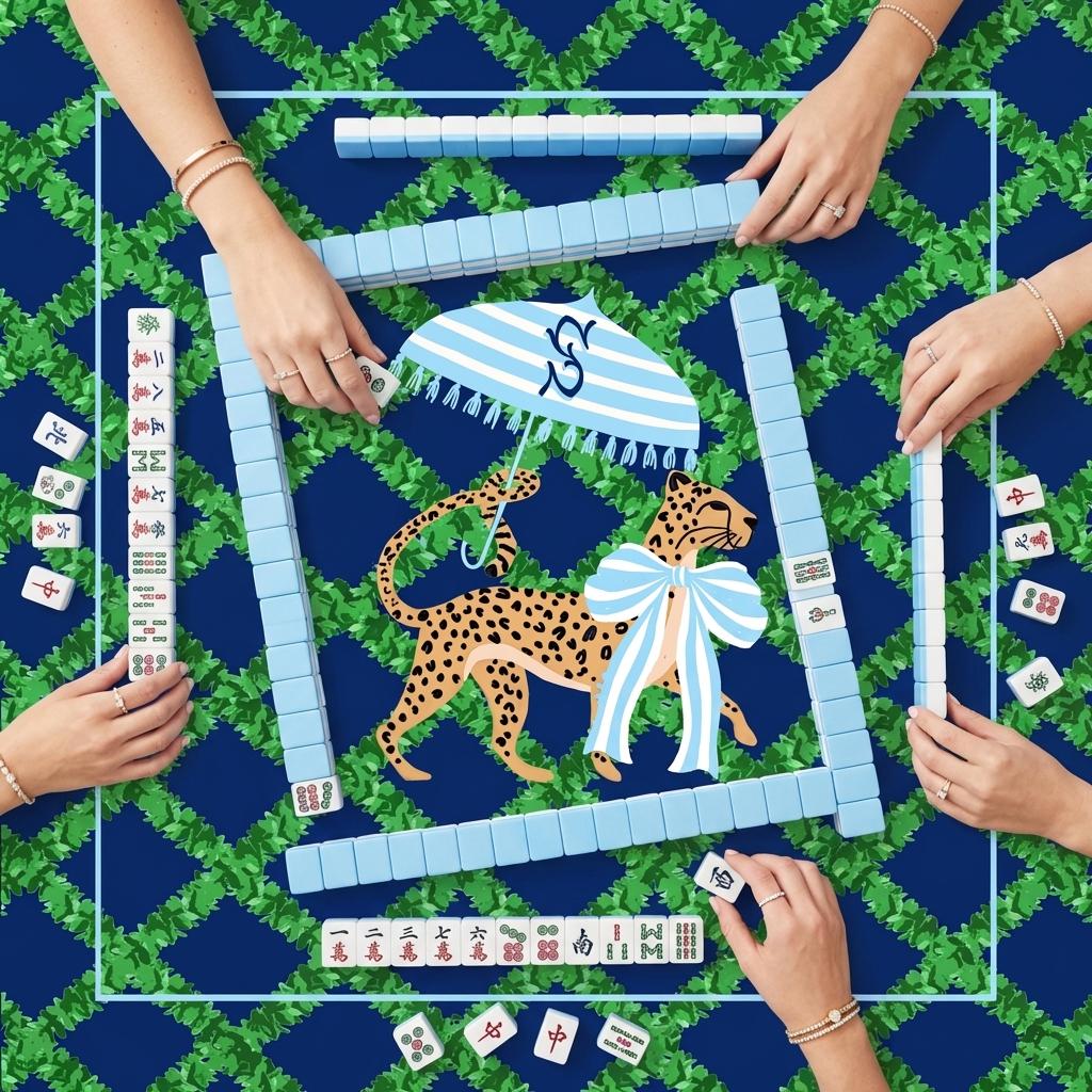 Custom Trixie Mahjong mat with blue and green pattern, leopard illustration, and tile guides