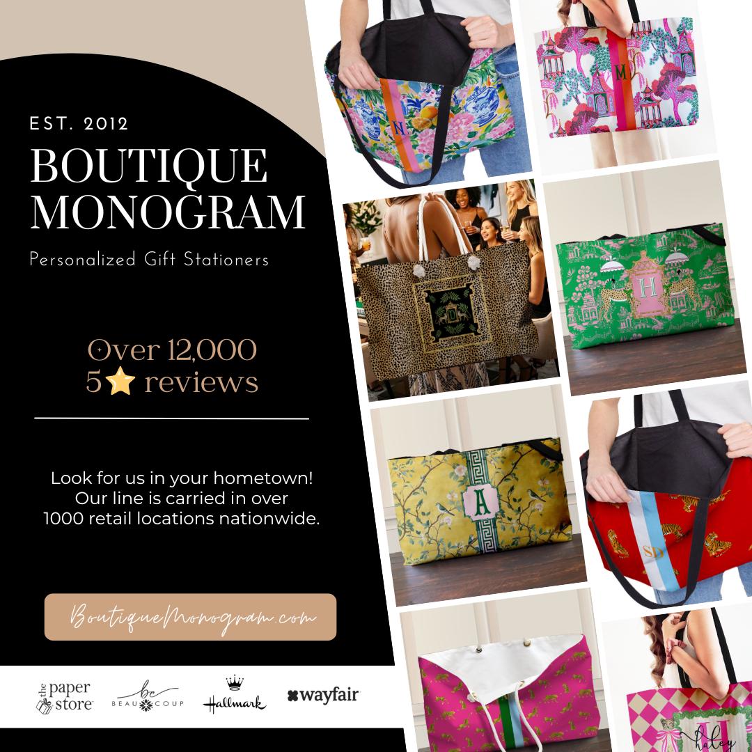 Boutique Monogram promotional collage featuring personalized tote bags in assorted prints