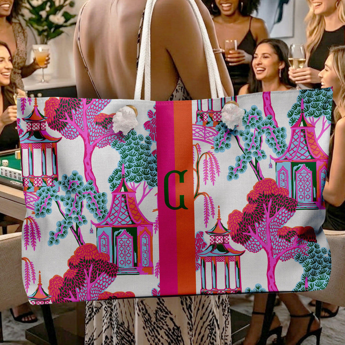 Personalized tote bag with white rope handles, pagoda print and central monogram