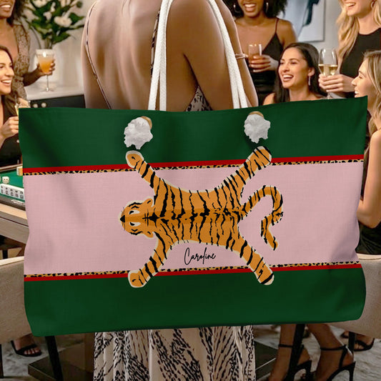 Personalized tote bag with white rope handles, green and pink panels, and a tiger graphic