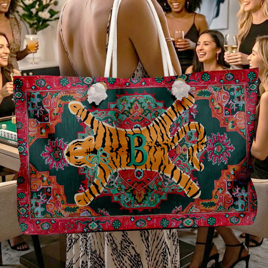 Personalized tote bag with ornate tiger print and white rope handles