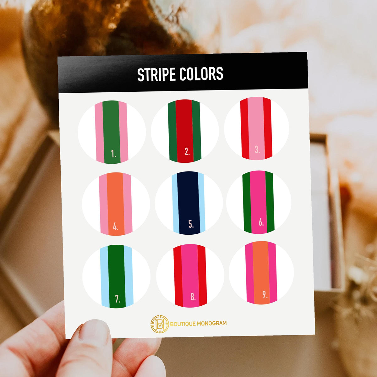 Mahjong tote bag stripe color selection card showing nine color combinations