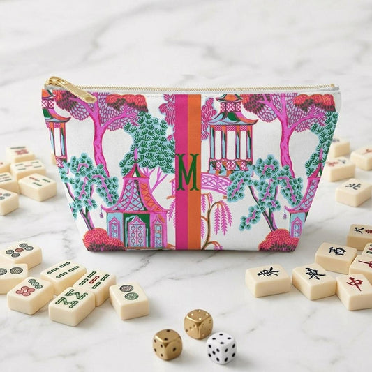 Personalized zippered tile bag with colorful pagoda and garden print and green monogram