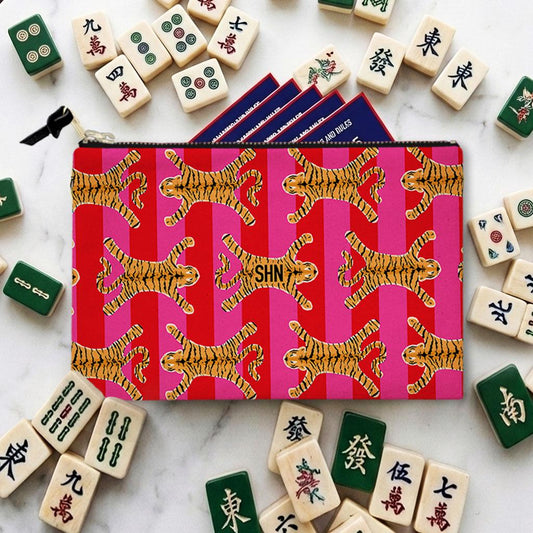 Personalized mahjong card and tile bag with red and pink stripes and tiger print