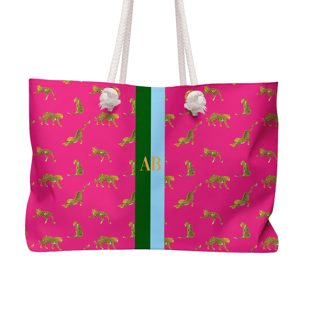 Pink leopard print tote with white rope handles and a green and blue monogram stripe