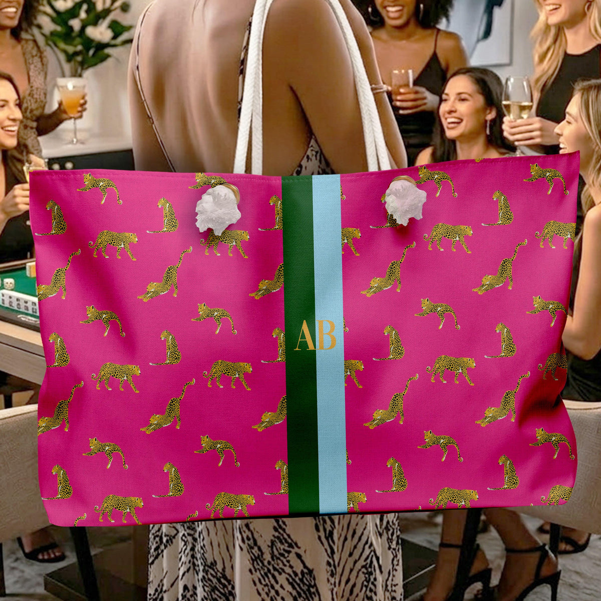 Personalized tote bag with pink leopard print, green and blue stripe, and initials