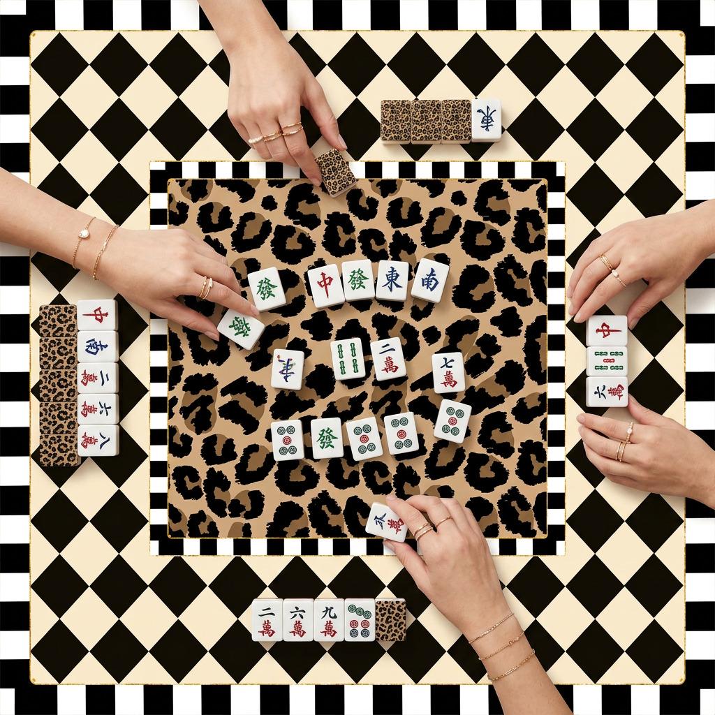 Mahjong mat with a leopard-print center and cream-and-black diamond border