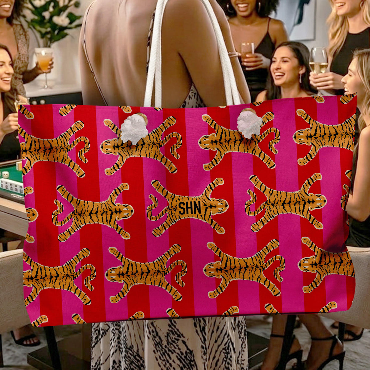 Tote bag with orange tiger print on pink and red stripes