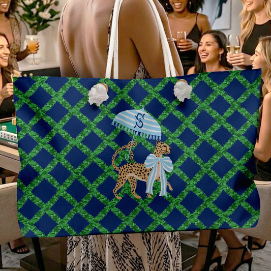 Personalized mahjong tote bag with white rope handles and navy, green, and blue pattern