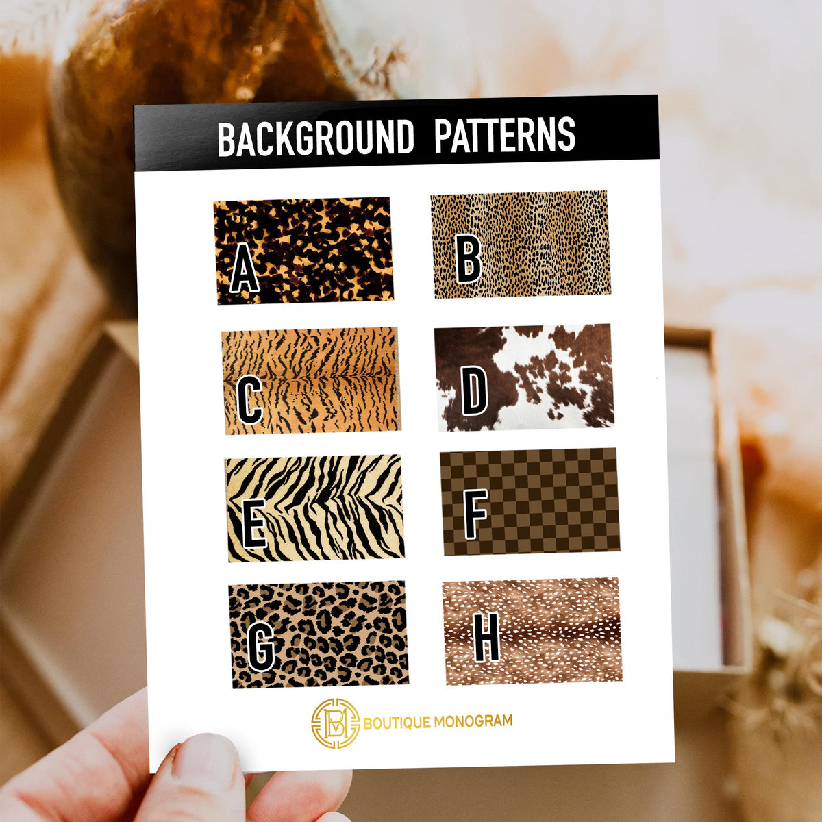 Mahjong tote bag pattern selection card showing eight animal and checkerboard prints