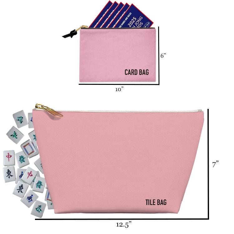 Pink mahjong card and tile bags shown with dimensions of 10 by 6 and 12.5 by 7 inches