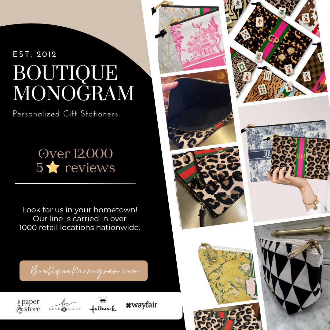 Boutique Monogram promotional collage featuring personalized bags and brand information