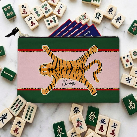 Personalized mahjong card and tile bag with green and pink panels and tiger graphic