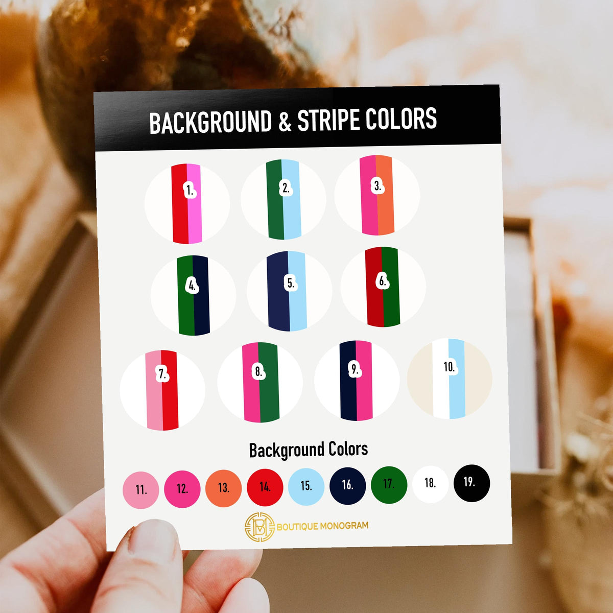 Tote bag color chart showing background and stripe color choices