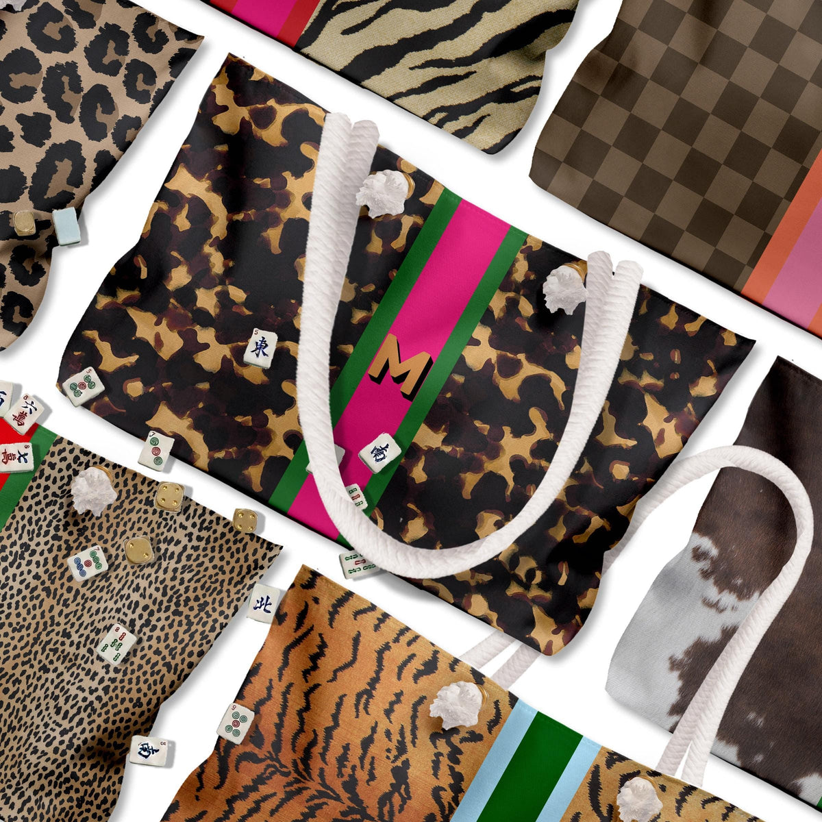 Personalized mahjong tote bag assortment with animal prints, rope handles, and colored monogram stripes