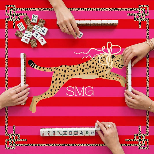 Custom Mahjong mat with red and pink stripes, spotted big cat design, and patterned border