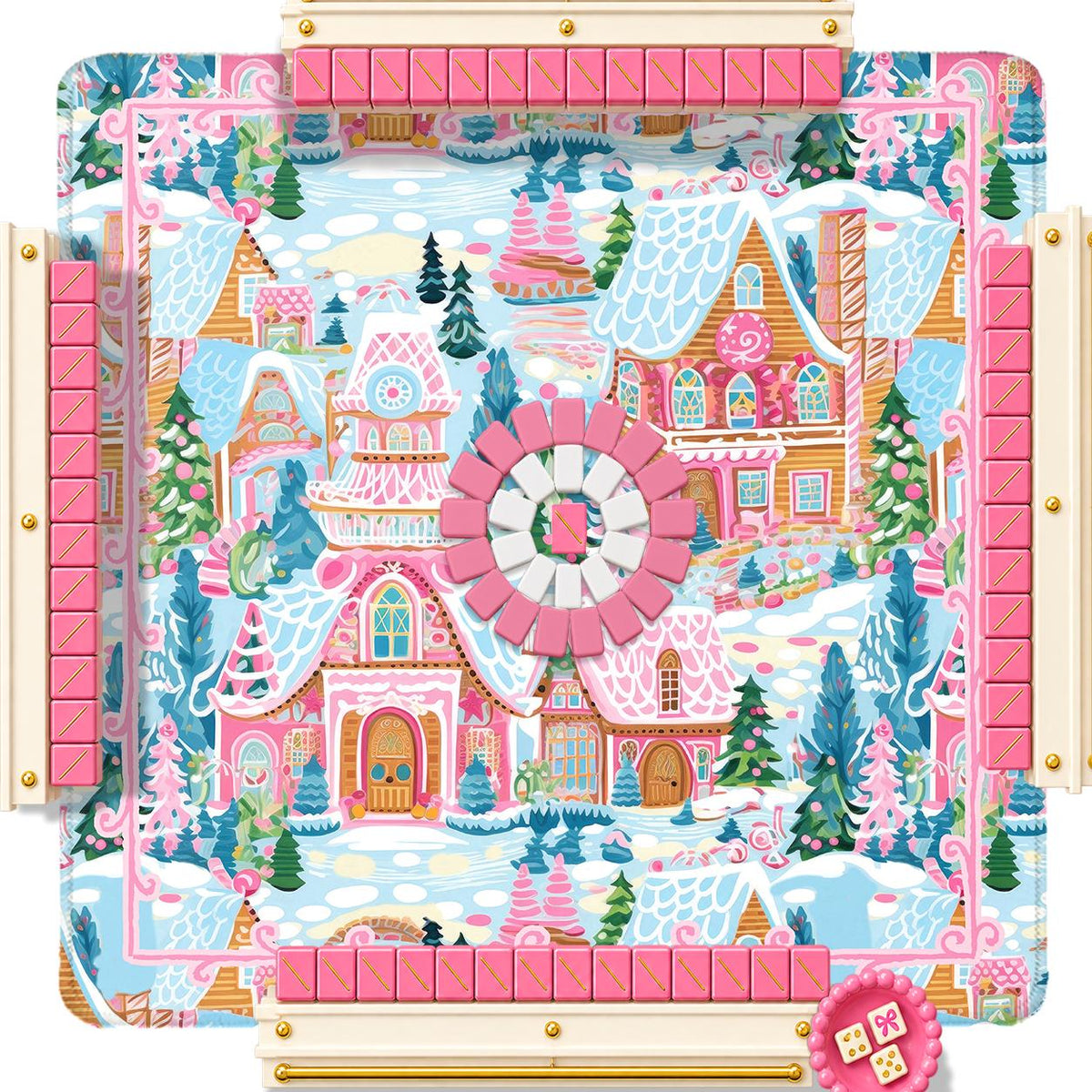 Christmas mahjong mat with a colorful sugar plum village print, pink racks and matching tiles