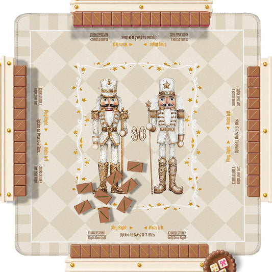 Christmas mahjong mat with beige diamond pattern, glam nutcrackers, and tile racks
