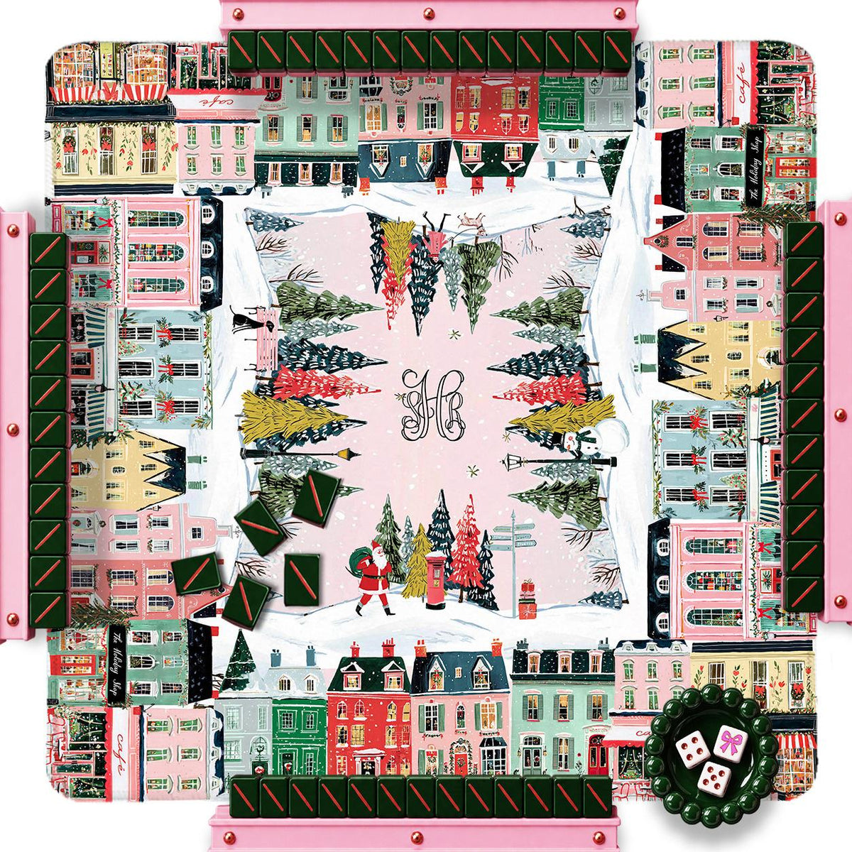 Christmas city-print mahjong mat with colorful buildings, trees, and holiday figures