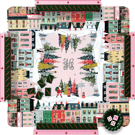 Christmas city-print mahjong mat with colorful buildings, trees, and holiday figures