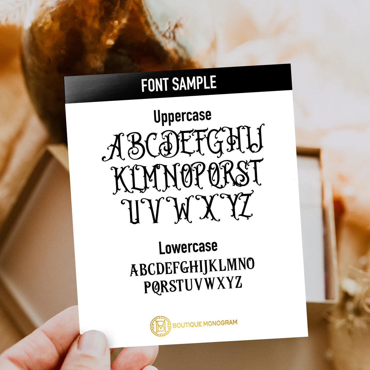 Mahjong mat font sample card showing ornate uppercase and lowercase lettering