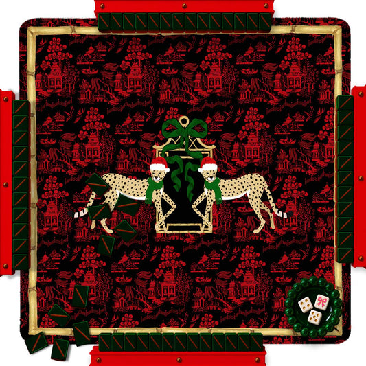 Christmas mahjong mat with red and black pattern, mistletoe, and two reindeer
