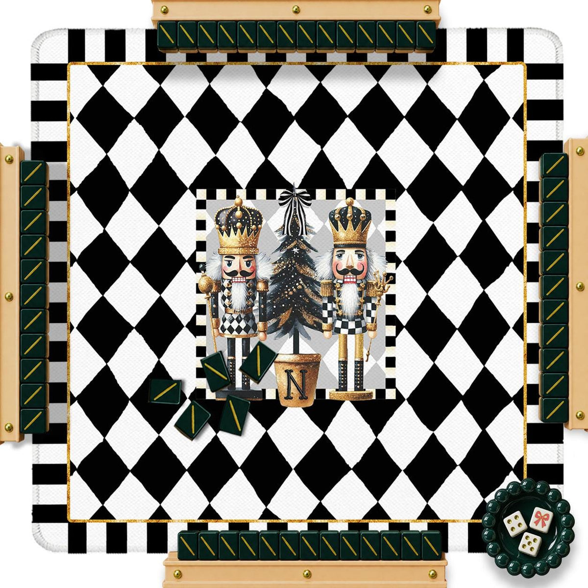 Christmas mahjong mat with black and white diamond pattern and nutcracker tree design