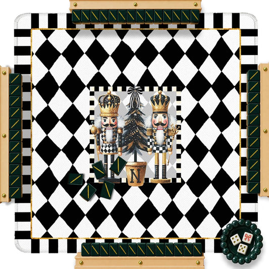 Christmas mahjong mat with black and white diamond pattern and nutcracker tree design