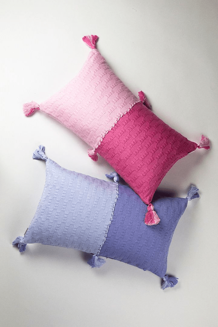 Colorblocked decorative pillows, pink and periwinkle blue, with tassel corners.