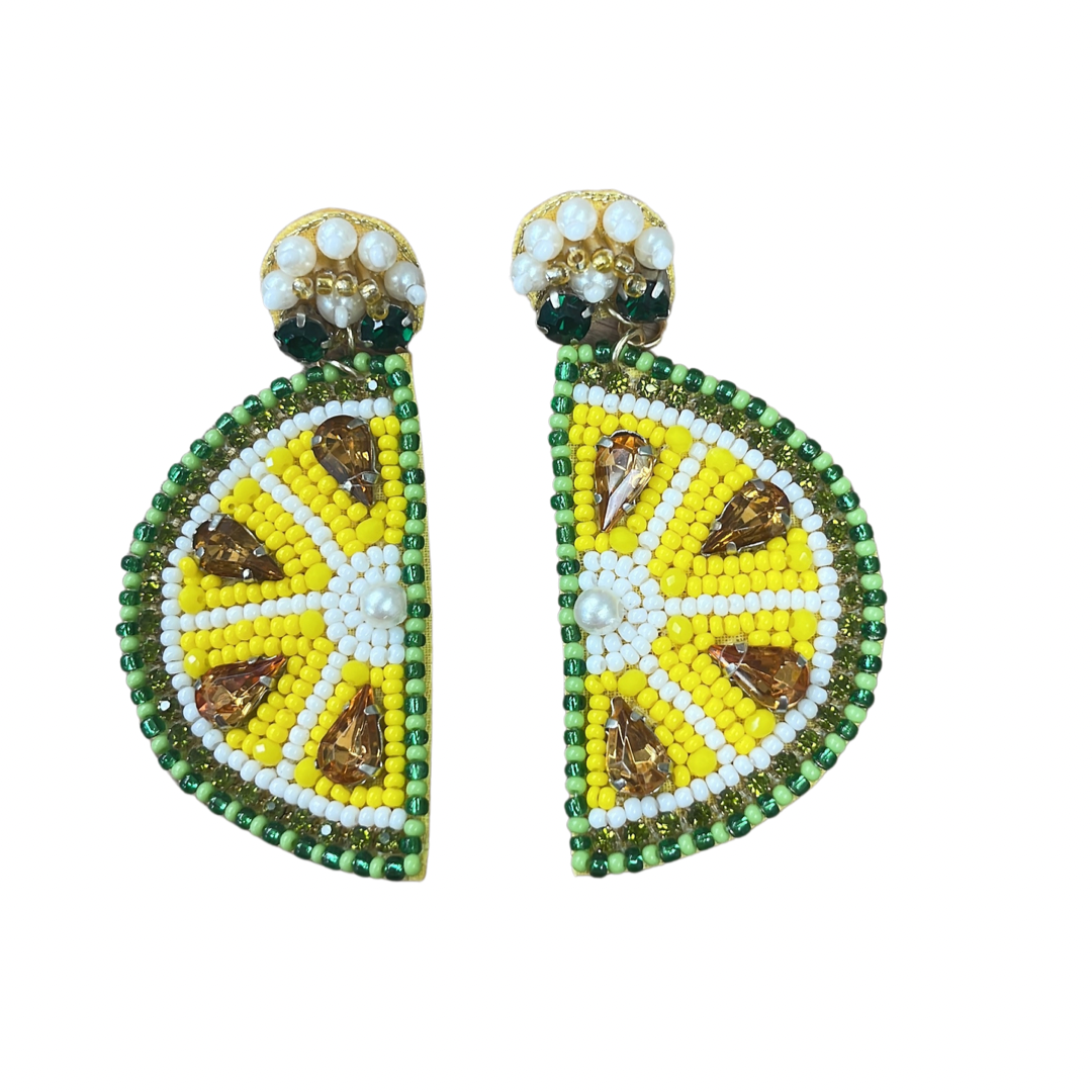 Beaded drop earrings with green, yellow, and white mosaic lemon design