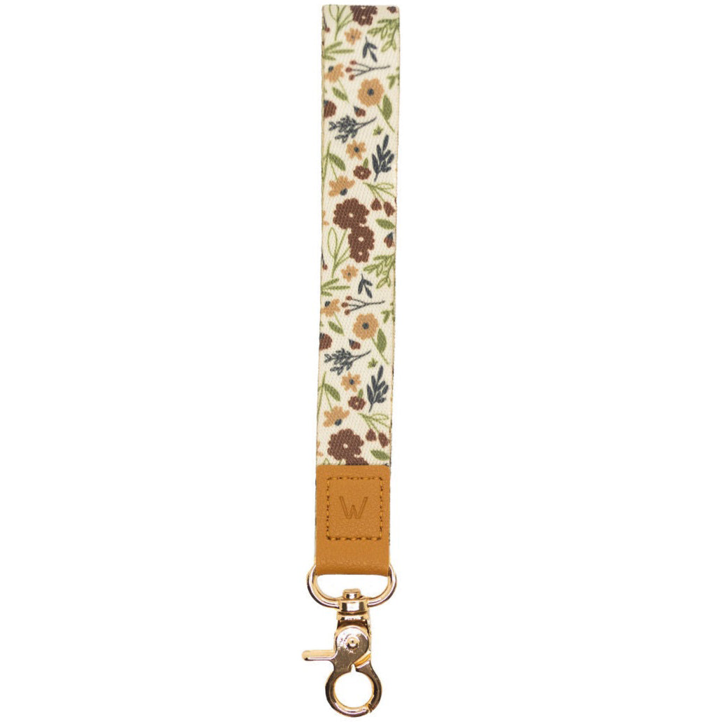 Floral wrist lanyard with tan leather end and metal keyring clasp