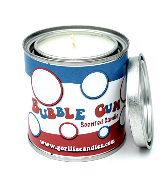 Bubble Gum scented candle in metal tin with blue, red label and open lid