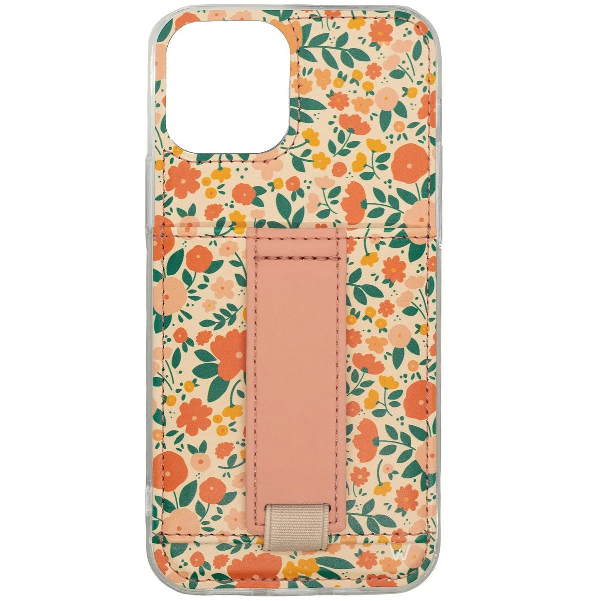 Summer Garden floral phone case with vertical pocket and metal snap, peach and green