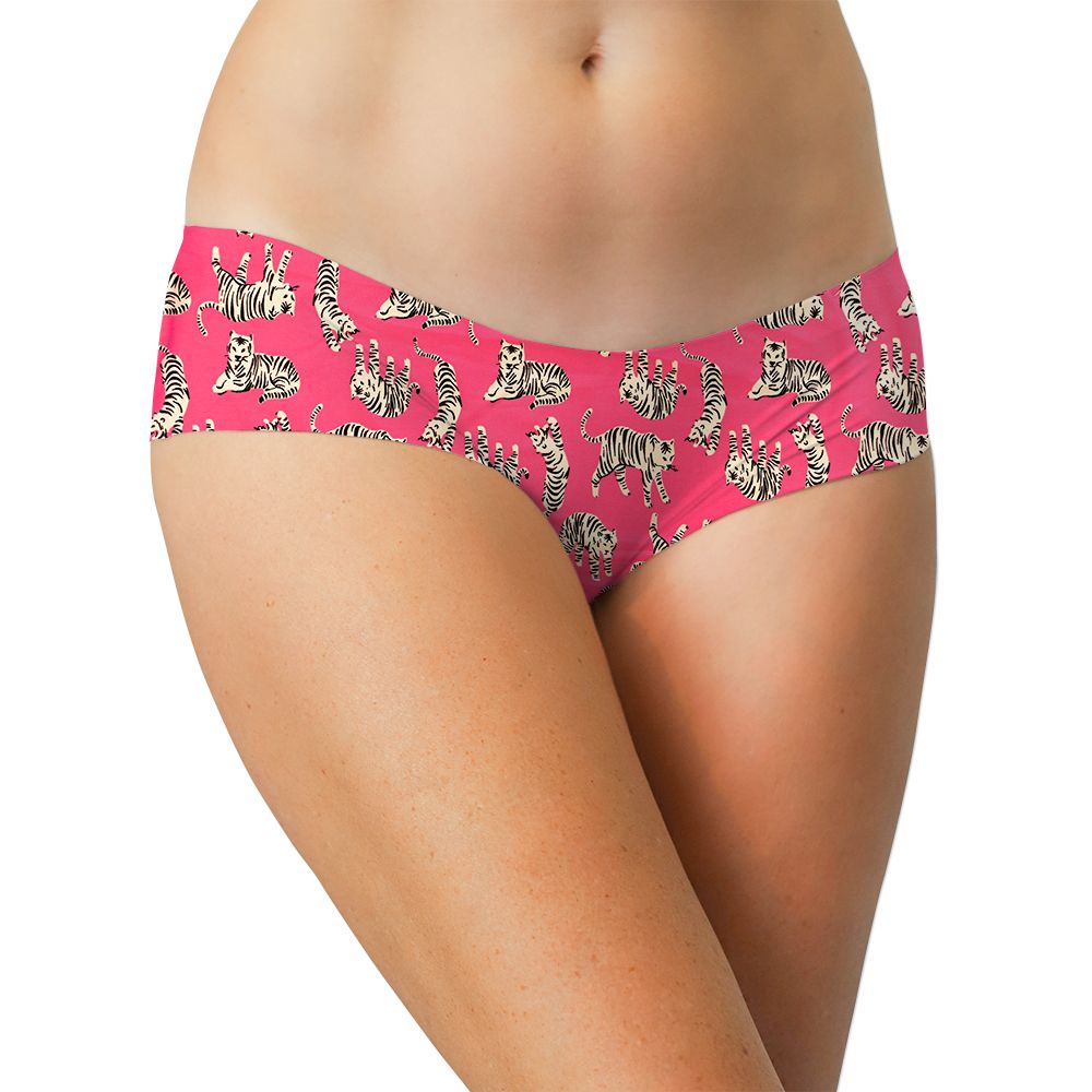 Hot pink tiger-print hipster underwear shown worn, with smooth no-show edges