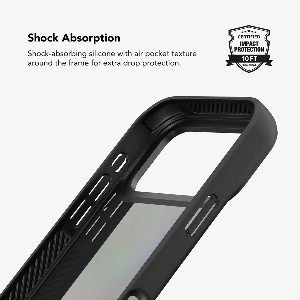 Black iPhone case interior with shock-absorbing textured frame