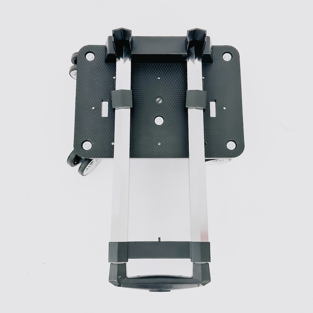 Close-up of roller base platform with adjustable telescoping handle supports