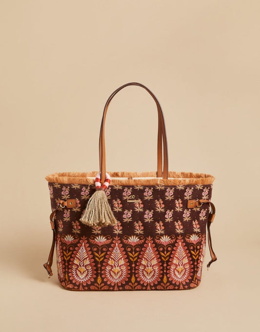 Brown boho paisley tote bag with fringed top and braided tassel, leather shoulder straps