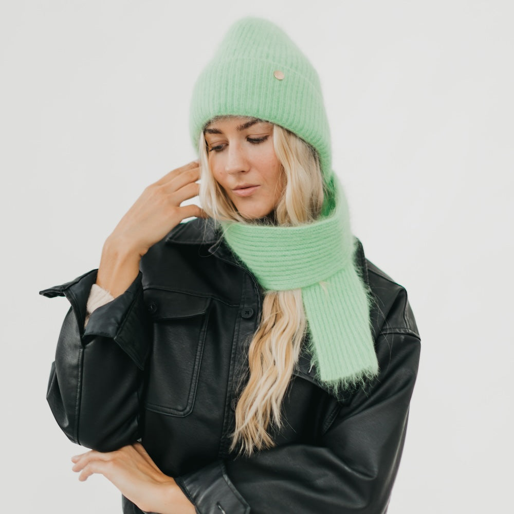Mint green ribbed knit beanie with matching ribbed scarf