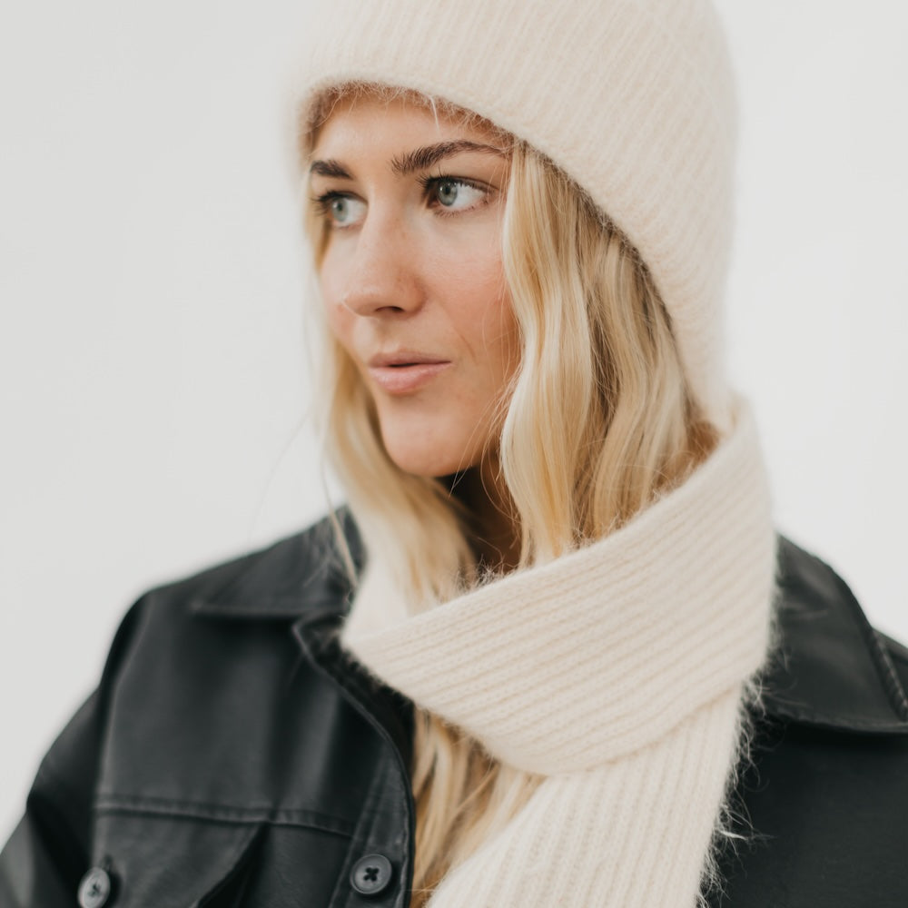 Cream ribbed knit beanie and infinity-style scarf