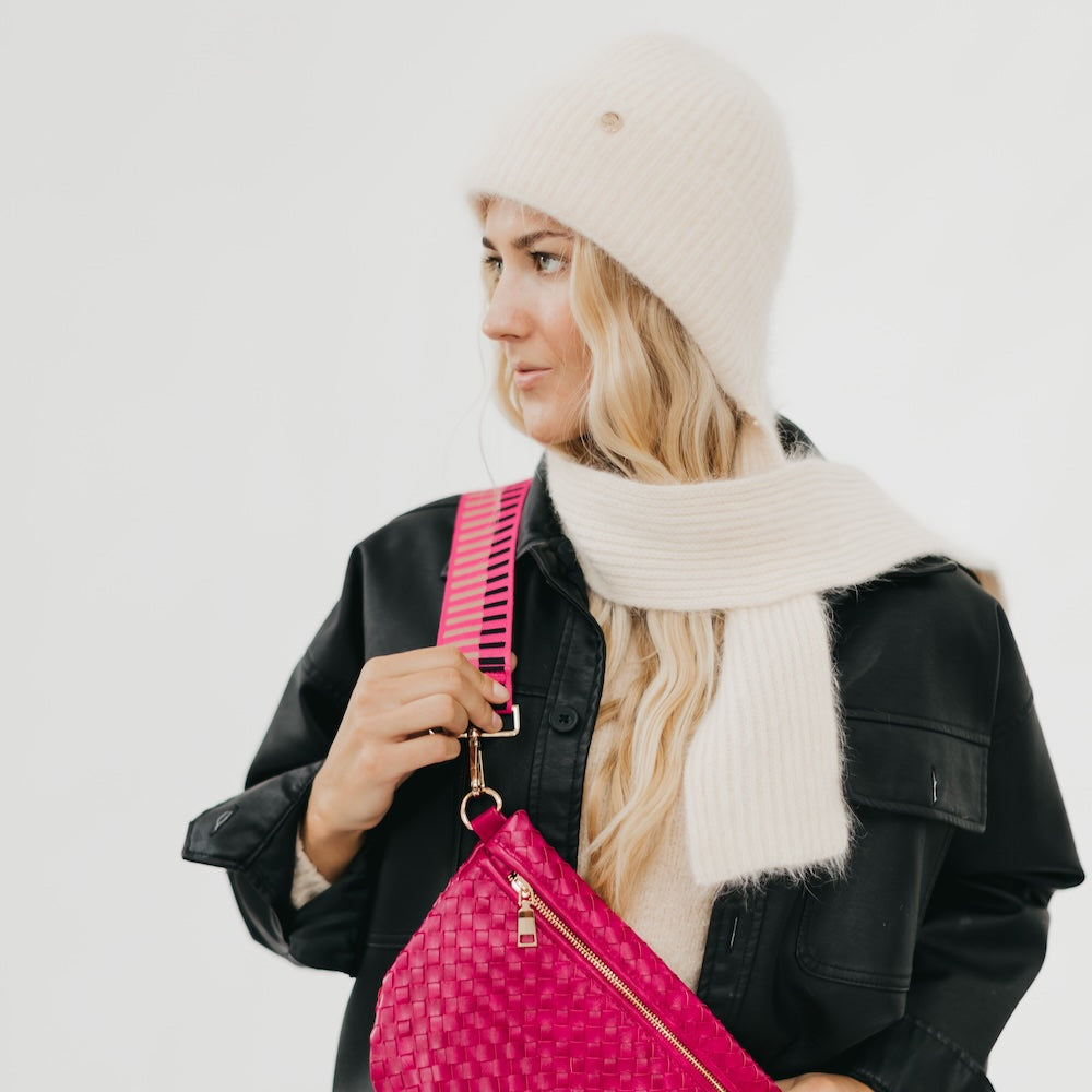 Cream ribbed knit beanie and long chunky scarf