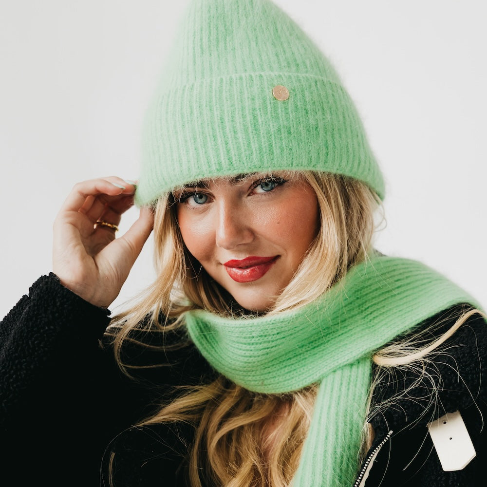 Light green ribbed knit beanie and matching ribbed scarf set