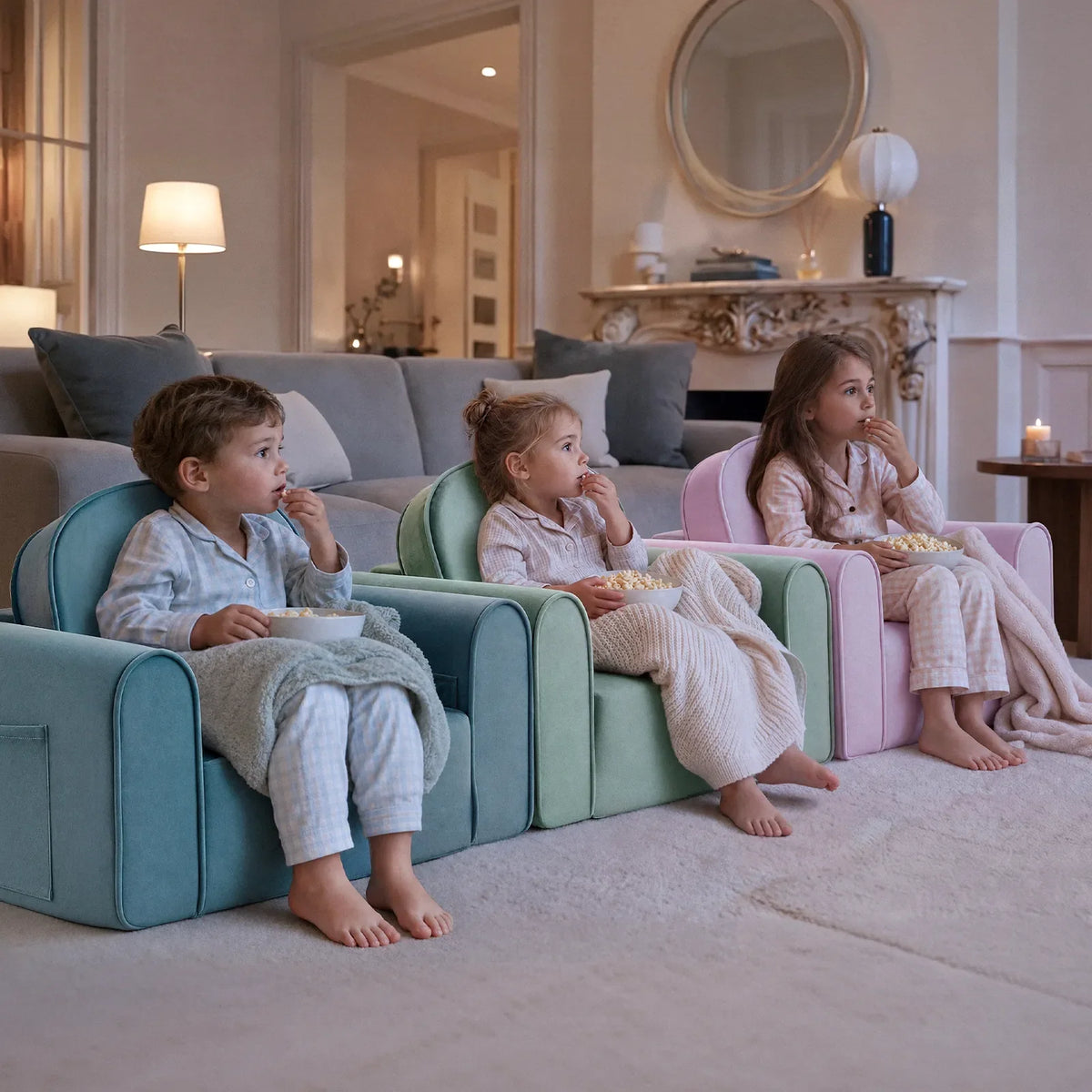 Tiny Land® kids sofa chairs in blue, light green, and purple, each with a child seated.